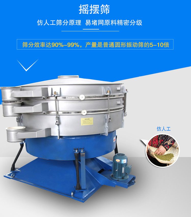 搖擺篩適合精細(xì)和超細(xì)范圍的粉末和微粒狀物料，產(chǎn)量大、精度高